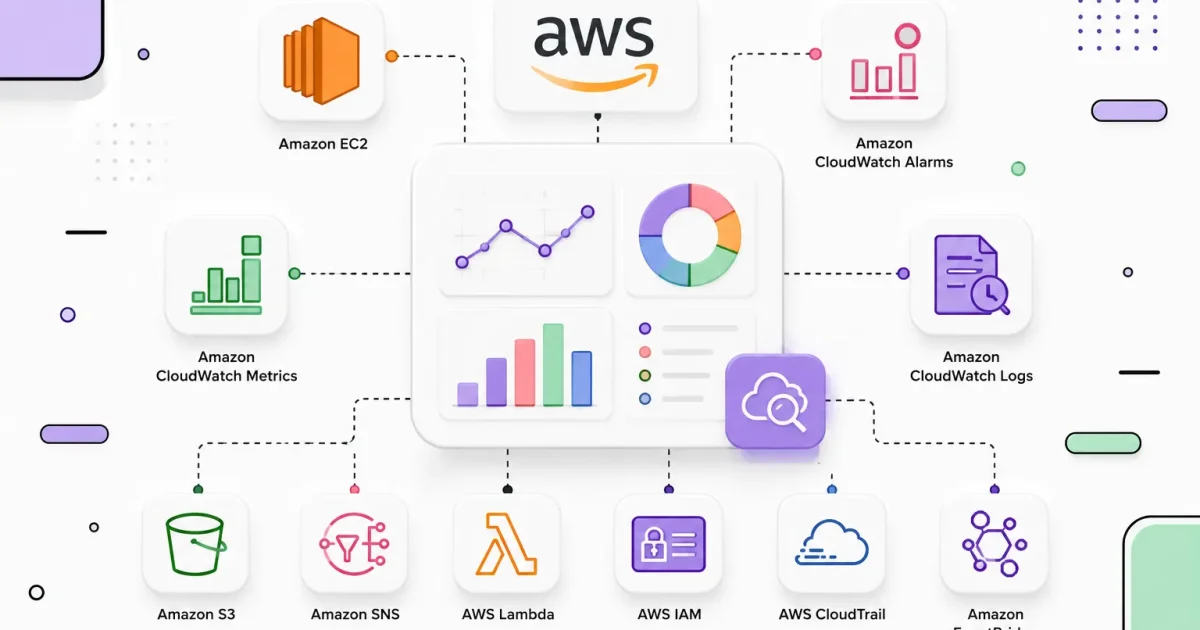 AWS CloudWatch architecture illustration showing Amazon EC2 monitoring with CloudWatch Agent, CloudWatch Metrics, Dashboard, Alarms, SNS, IAM, CloudTrail, Lambda, S3, and EventBridge.