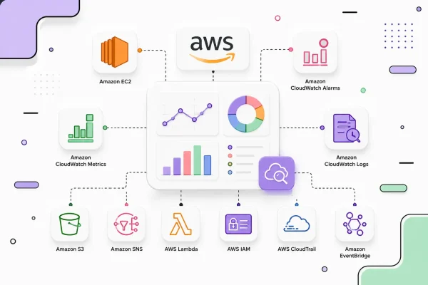 AWS CloudWatch architecture illustration showing Amazon EC2 monitoring with CloudWatch Agent, CloudWatch Metrics, Dashboard, Alarms, SNS, IAM, CloudTrail, Lambda, S3, and EventBridge.